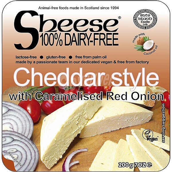 Sheese queso vegetal estilo cheddar con cebolla roja caramelizada sin gluten y 100% sin lactosa con aceite de coco