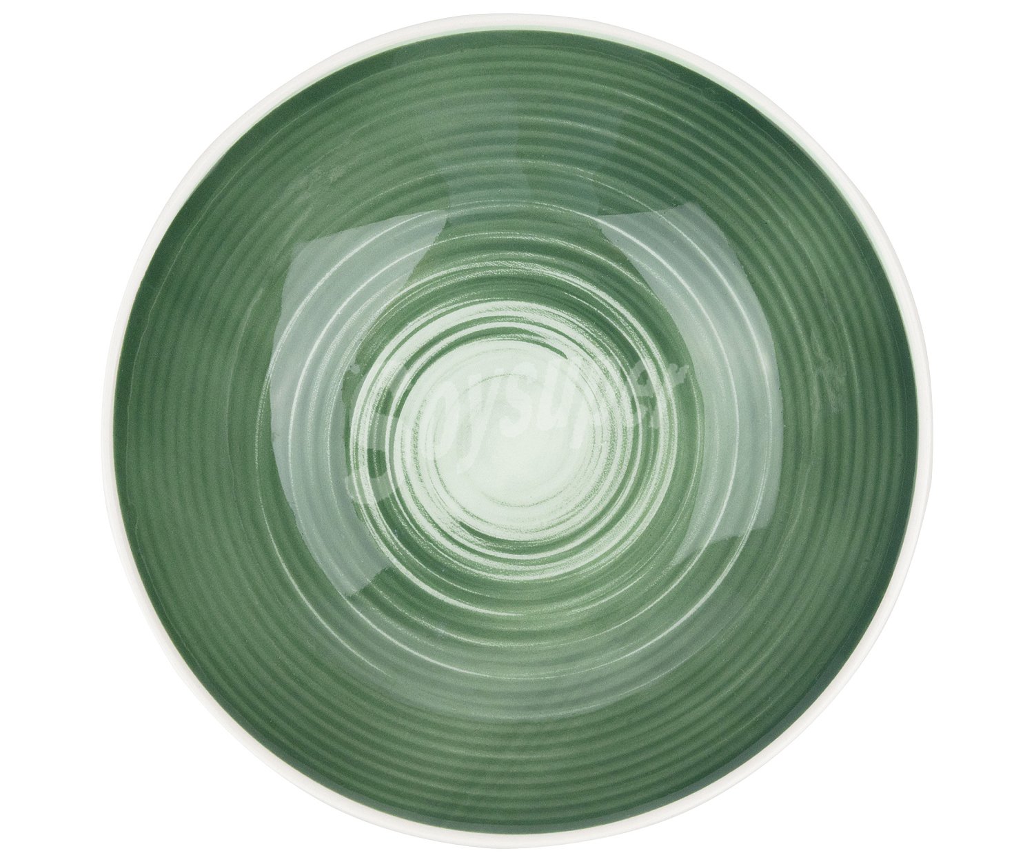 Plato llano de loza color verde diseño espiral, 26cm. bergner.