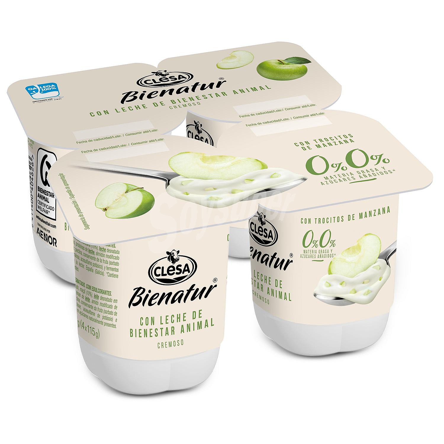 Bienatur yogur con trocitos de manzana cremoso desnatado 0%m.g. 0%azúcares añadidos