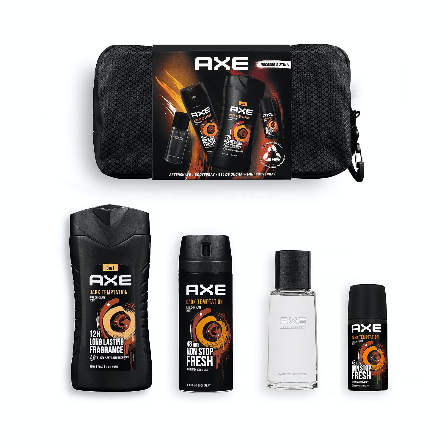 Lote hombre dark temptation body spray (spray 150 ml) + body spray mini (spray 35 ml) + gel de baño (bote 250 ml) + after shave loción (bote 100 ml) + neceser