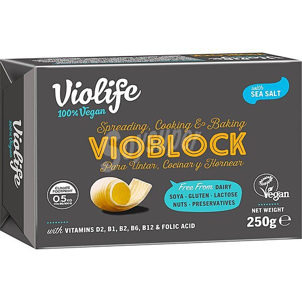 Vioblock para untar, cocinar y hornear con sal, sin gluten, sin lactosa y sin frutos secos