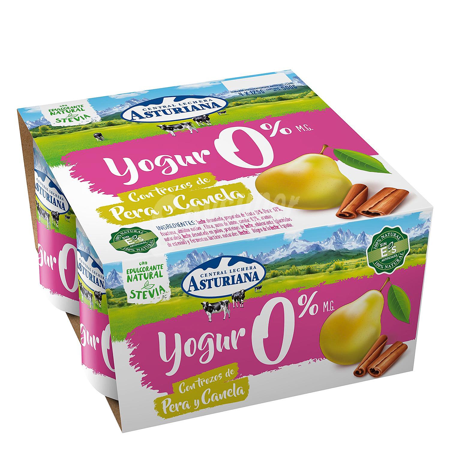 Yogur desnatado 0% materia grasa, con trocitos de pera y canela, sabor natural edulcorado