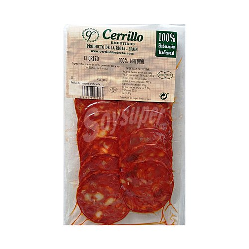 Cerrillo Chorizo 100% natural, sin gluten y sin lactosa, cortado en lonchas cerrillo