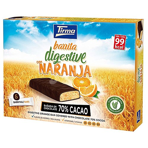 Tirma Barrita de galleta con naranja bañada en chocolate negro 70% cacao, digestive tirma