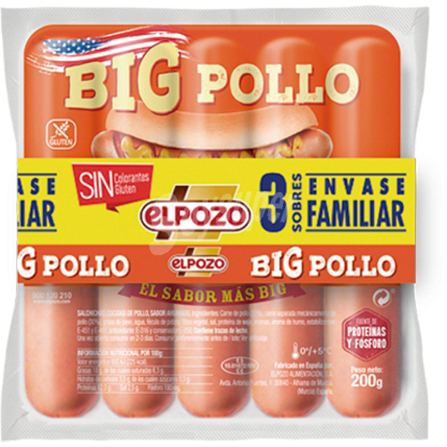 Big Pollo salchichas cocidas de pollo sabor ahumado sin gluten pack 3 x 200 G