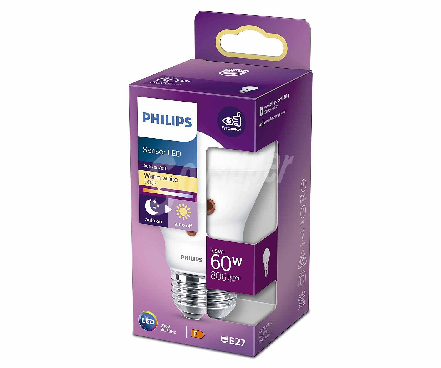 Bombilla Led E27, 7,5W=60W, luz cálida, sensor autoapagado, philips