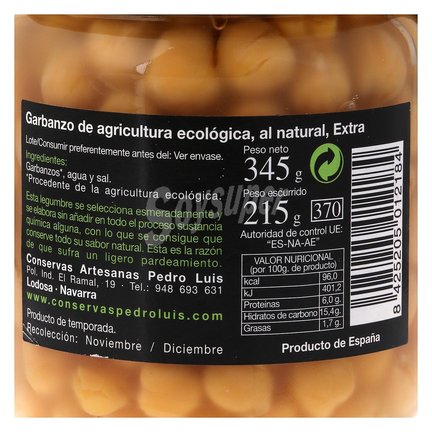 Garbanzo cocido ecológico Pedro Luis