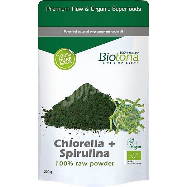 Polvo puro de algas Chlorella y Spirulina 100% Bio 