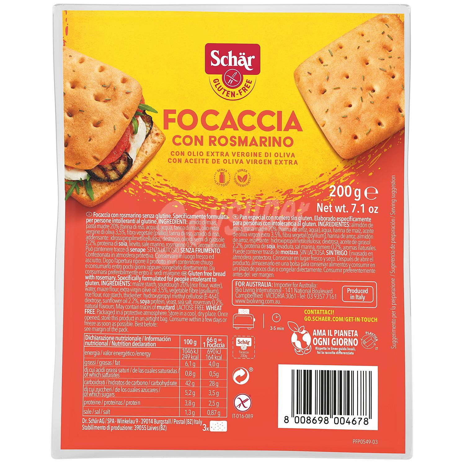 Pan Focaccia con romero, sin gluten, schar