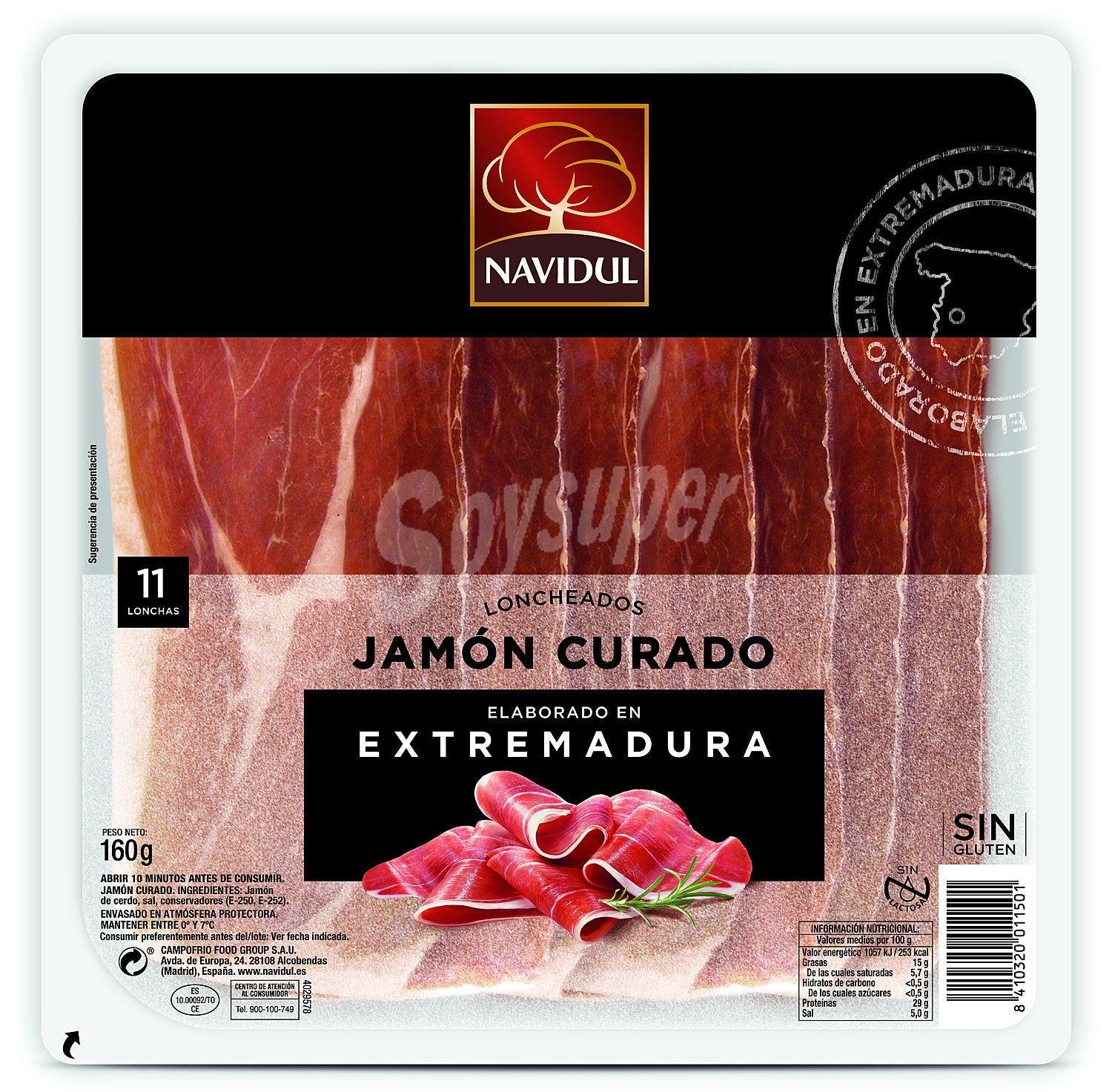 Jamón curado en Extremadura, cortado en lonchas y elaborado sin gluen y sin lactosa