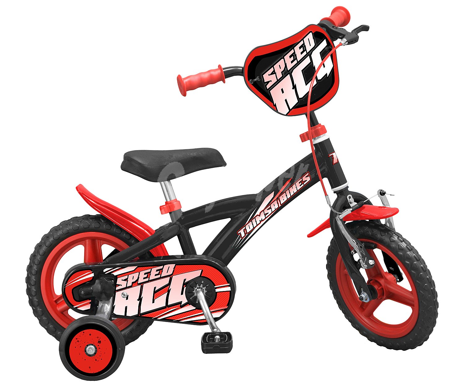 Bici infantil de 12" (30,48cm) color rojo y negro, incluye ruedines,