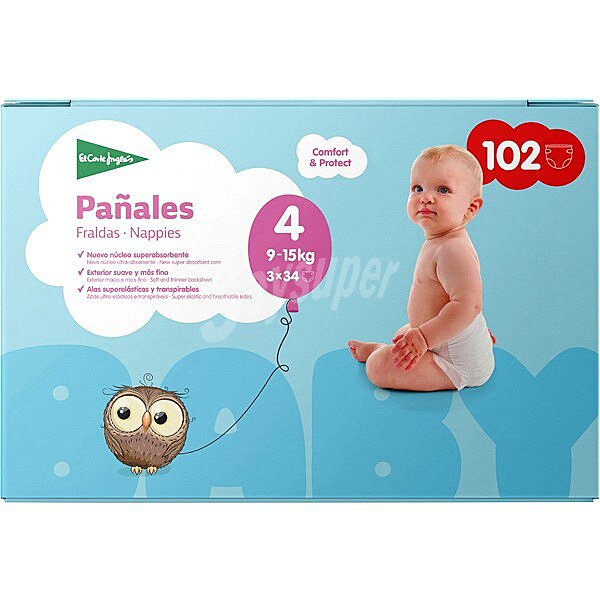 Pañales unisex de 9 a 15 kg talla 4 elásticos y transpirables 