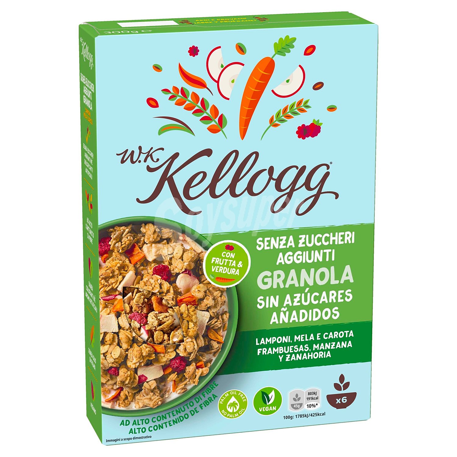 Cereales wk granola con frambuesa, manzana y zanahoria