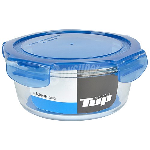 Recipiente redondo lunchbox de vidrio con tapa hermética de plástico color azul