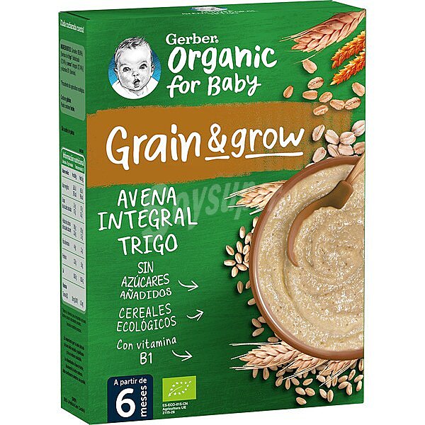 Grain & grow Organic papilla de Avena Integral y trigo procedente de agricultura ecológica caja 250 g sin azúcares añadidos a partir de 6 meses