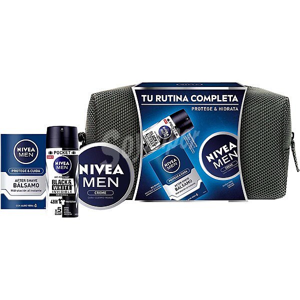 Pack Men Cuidado Completo: crema de cara, cuerpo y manos , after shave bálsamo hidratante Protege & Cuida 100 ml y desodorante en spray Invisible for Black & White Men Original 100 ml