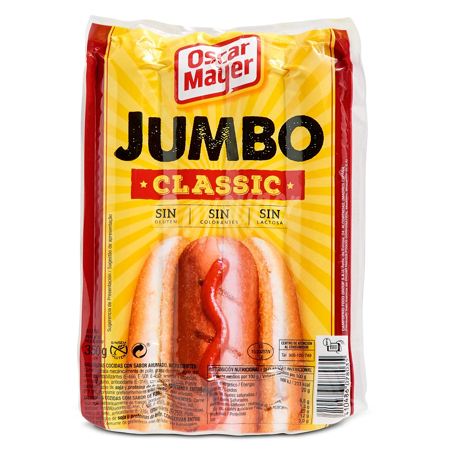 Salchichas cocidas Jumbo Classic Oscar Mayer sin gluten sin lactosa