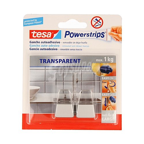 2 ganchos grandes adhesivos transparentes con toques blancos+4 tiras adhesivas tesa Powerstrip