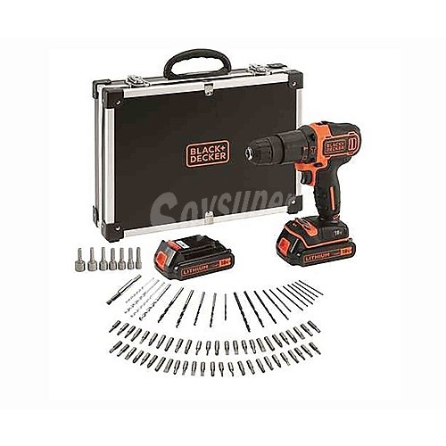 Taladro percutor 18V con 2 baterías, 80 accesorios, black + decker