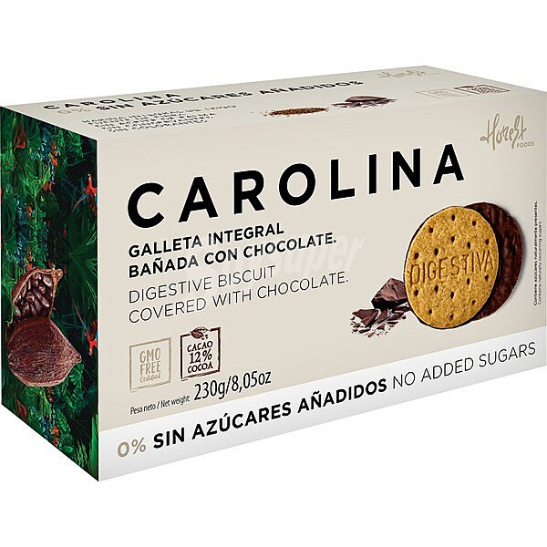 Galleta digestive integral bañada en chocolate 0% sin azúcares añadidos