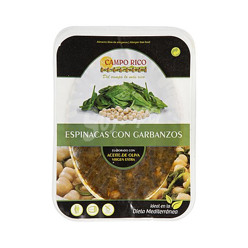 Campo rico Espinacas con garbanzos, sin gluten, listas para calentar y comer campo rico