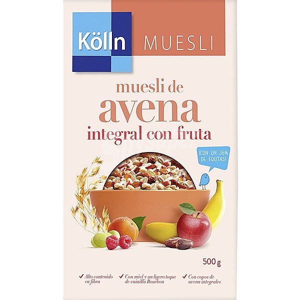 Muesli integral con frutas, copos de avena integrales y pipas de girasol crujientes