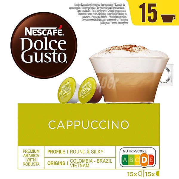 Café Cappuccino Premium arábica y robusta de Colombia, Brasil y Vietnam de café + 15 cápsulas de leche