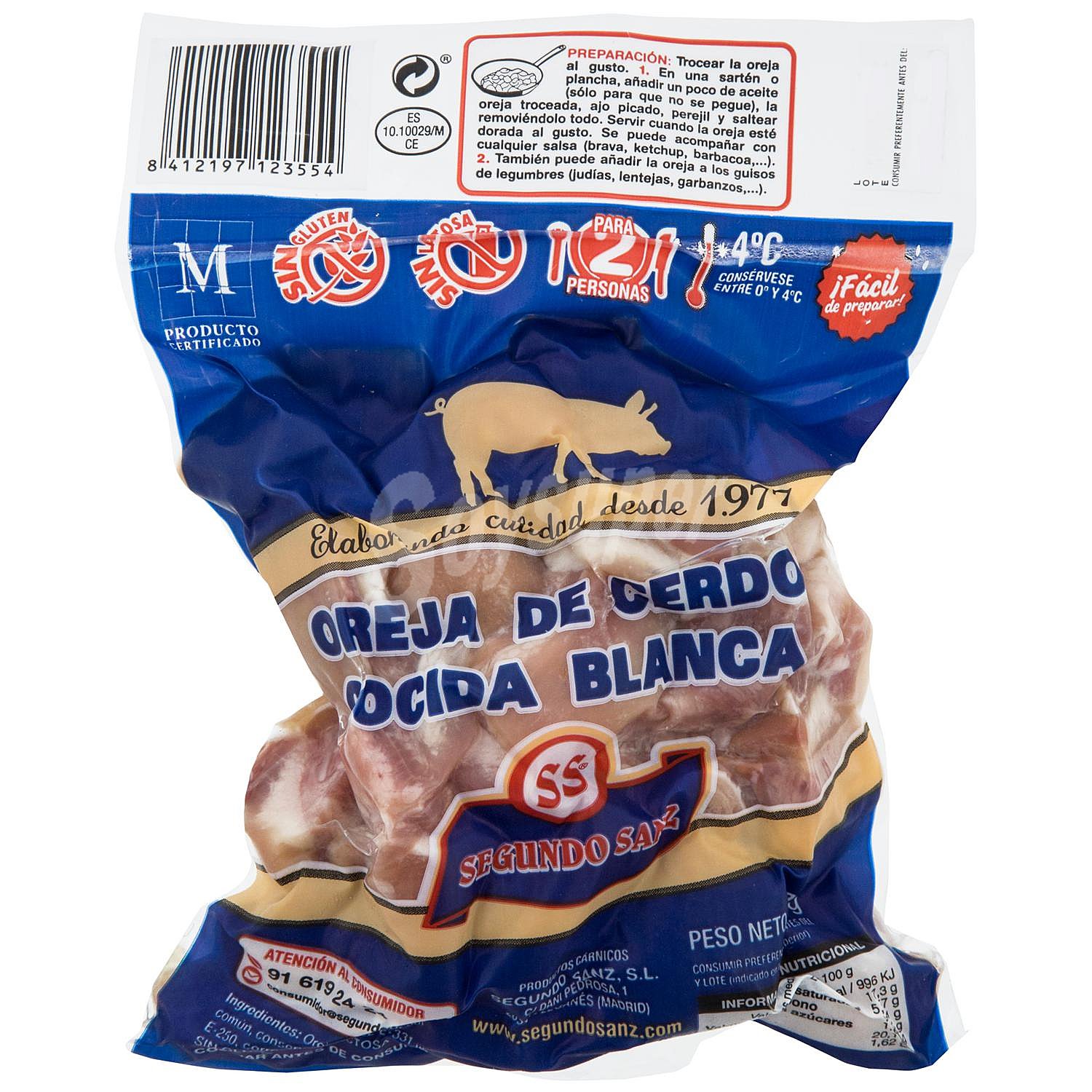 Oreja de cerdo cocida, elaborada sin gluten y sin lactosa