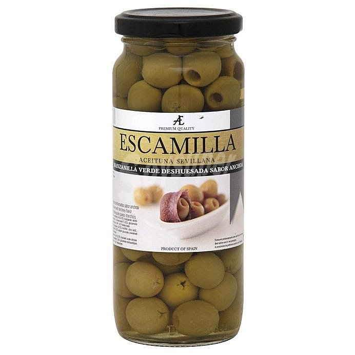 Aceitunas verdes manzanilla sin hueso con sabor a anchoa