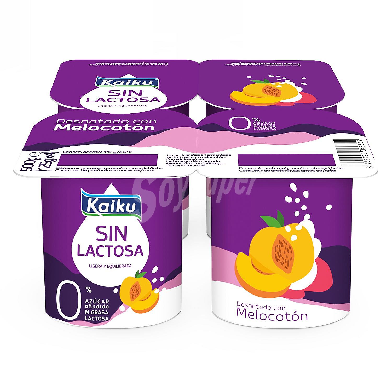 Yogur desnatado 0% materia grasa, sin lactosa ni azúcares añadidos, con melocotón