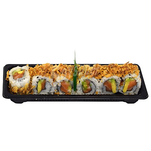 Sushi gourmet Maki California de Salmón cubiertos de cebolla frita sushi gourmet