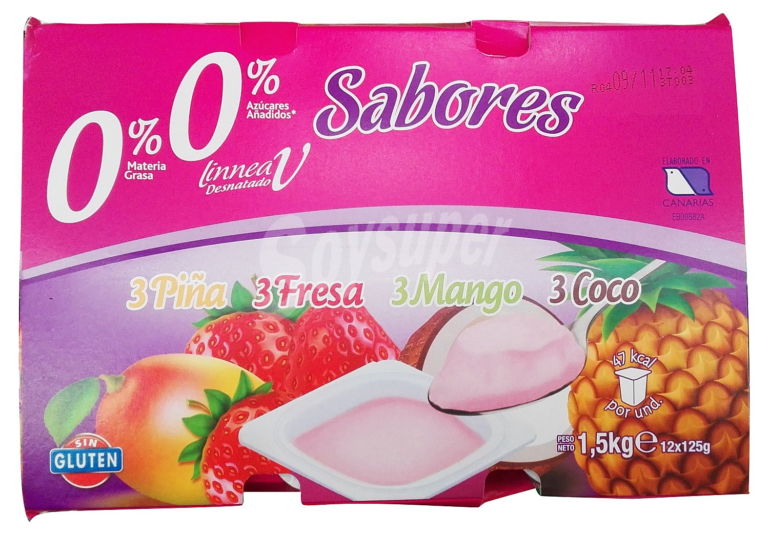 Yogur desnatado sabores 3 fresa, 3 piña, 3 mango, 3 coco