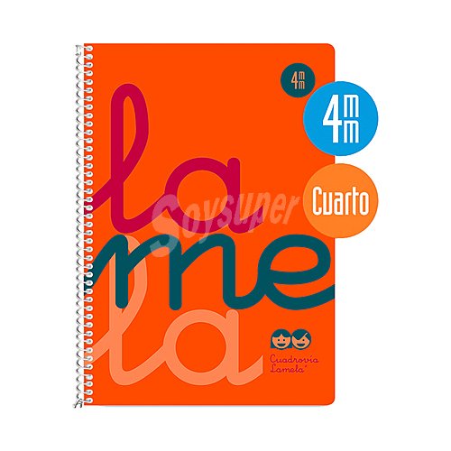 Cuaderno con tapas de polipropileno color naranja, tamaño cuarto, cuadrovía 4mm, 80 hojas, editorial lamela