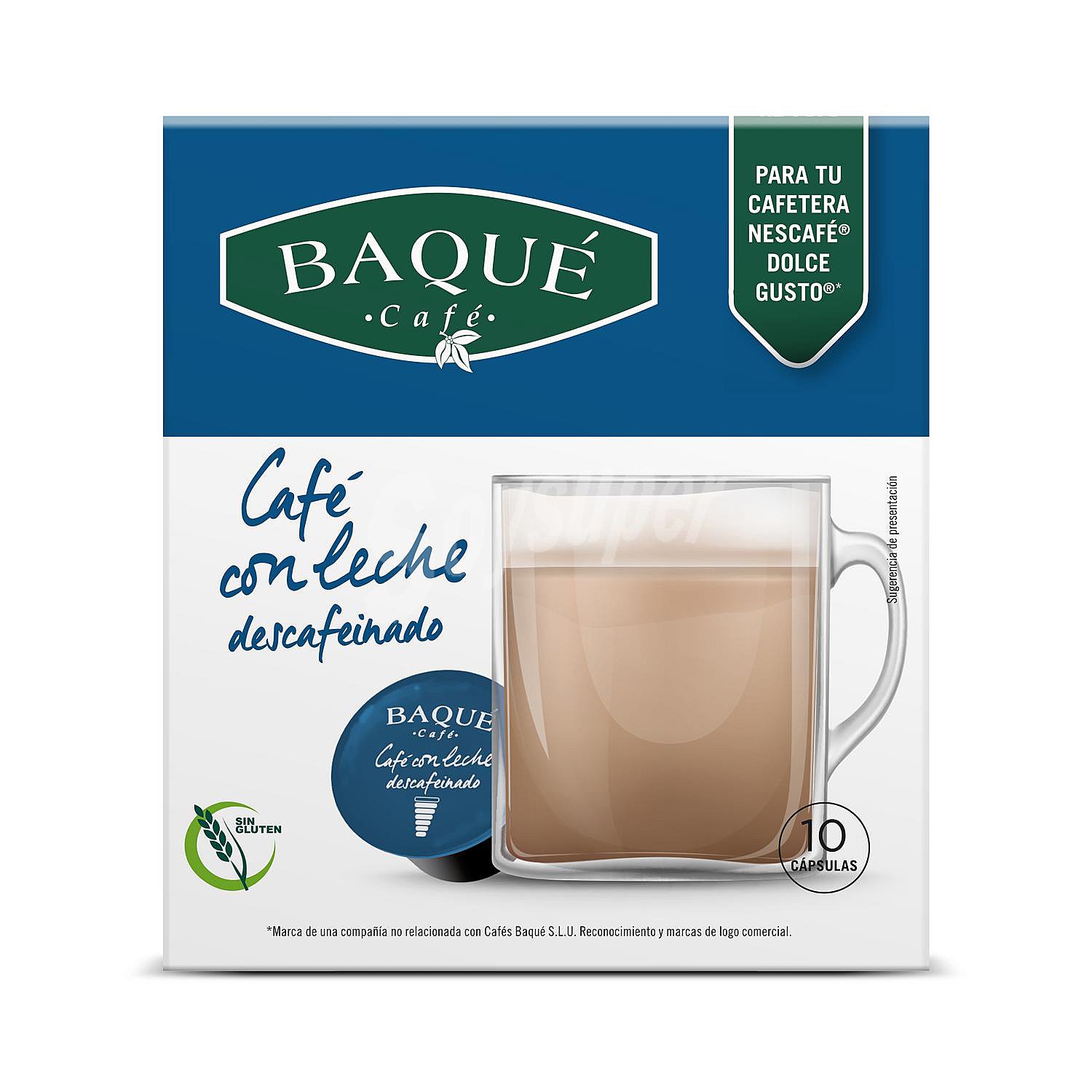 Café con leche descafeinado en cápsulas Baqué compatible con Nescafé Dolce Gusto sin gluten