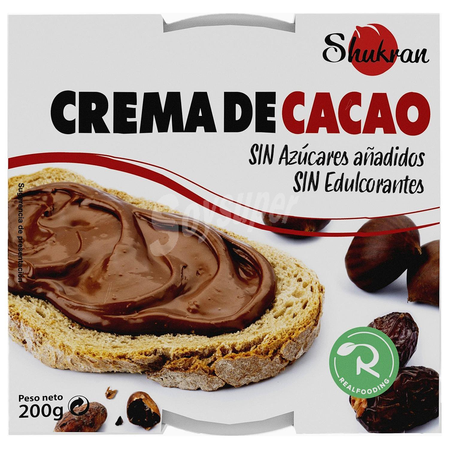 Crema de cacao sin azúcares añadidos Realfooding Shukran sin gluten sin lactosa