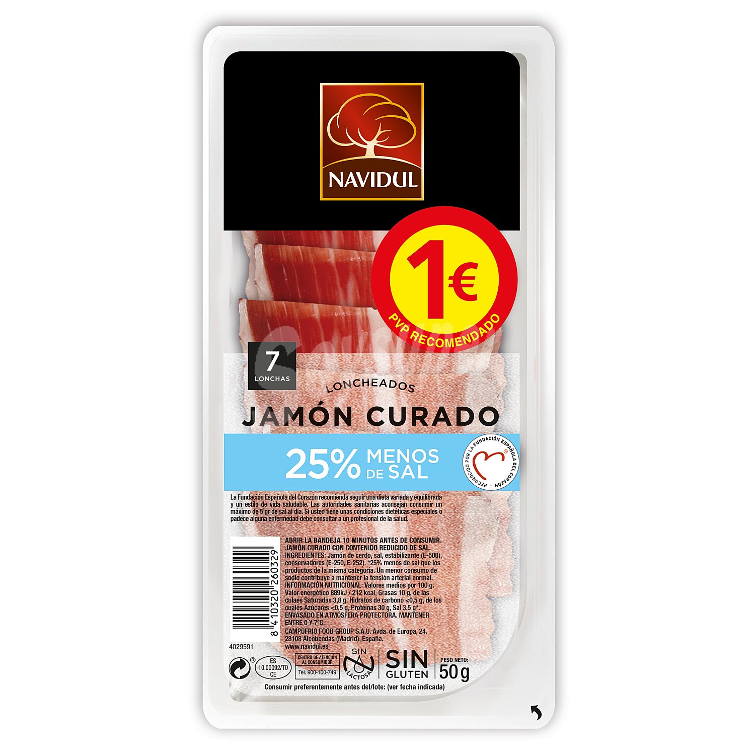 Jamón curado con un 25% menos de sal, sin gluten y sin lactosa y cortado en lonchas