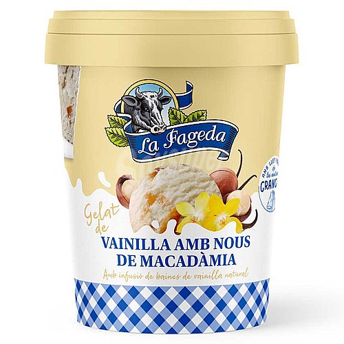 Tarrina de helado de vainilla con nueces de macadamina caramelizadas, elaborado sin gluten