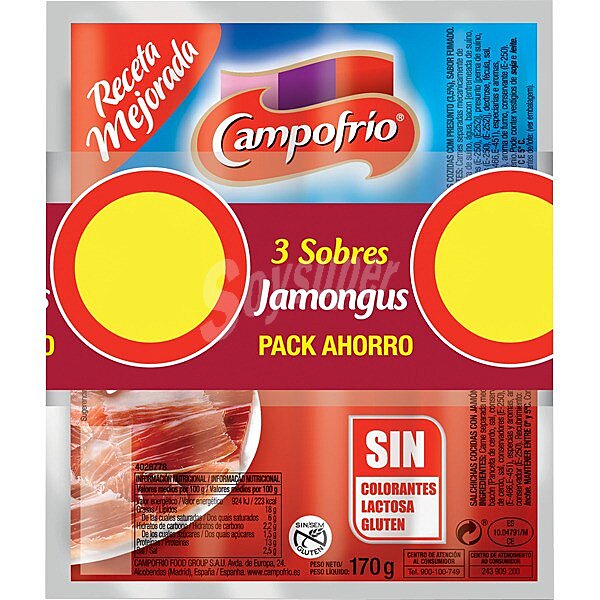 Jamongus salchichas de cerdo, pollo y pavo con jamón curado sabor ahumado sin gluten envase 510 g pack 3 x 170 g