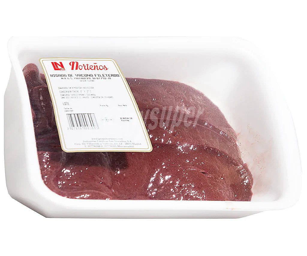 Bandeja de filetes de higado de vacuno, envasados en atmósfera protectora