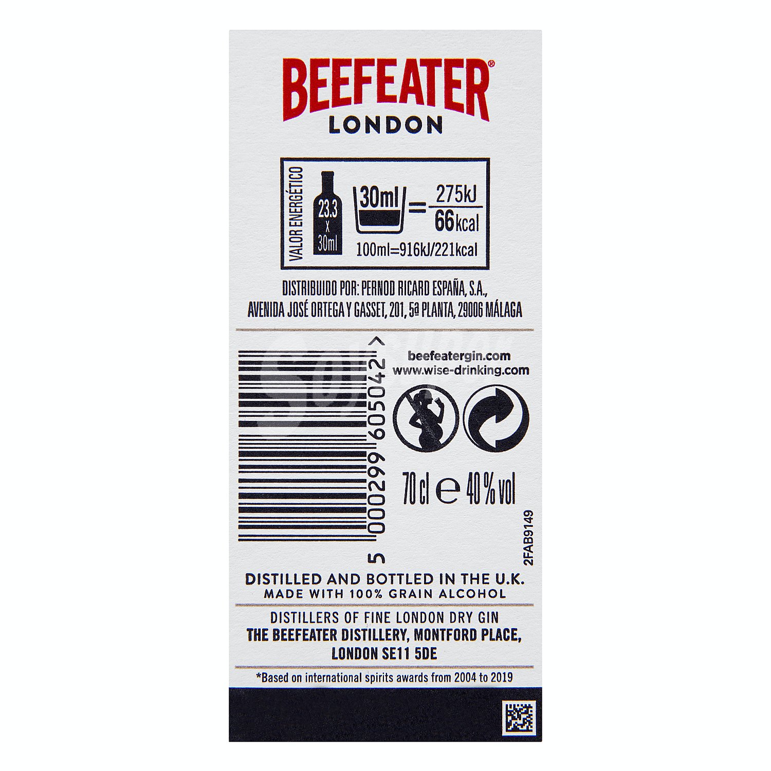 Ginebra inglesa tipo London dry gin beefeater