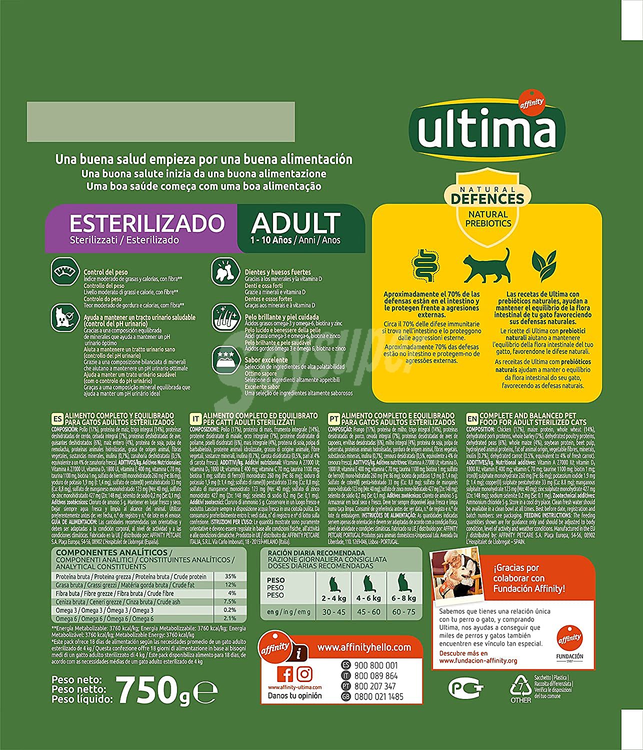 Pienso para gatos esterilizados adultos a base de pollo y cebada ultima affinity