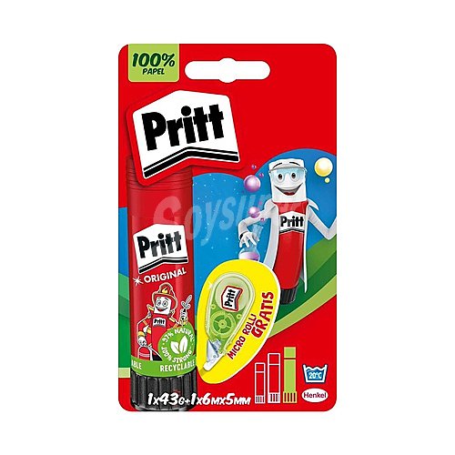 Barra adhesiva de + cinta correctora con mini aplicador micro rolling pritt