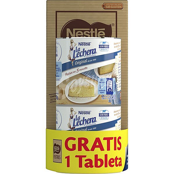 Leche condensada pack 2 latas 370 g + NESTLE POSTRES chocolate negro para repostería sin gluten tableta 250 g