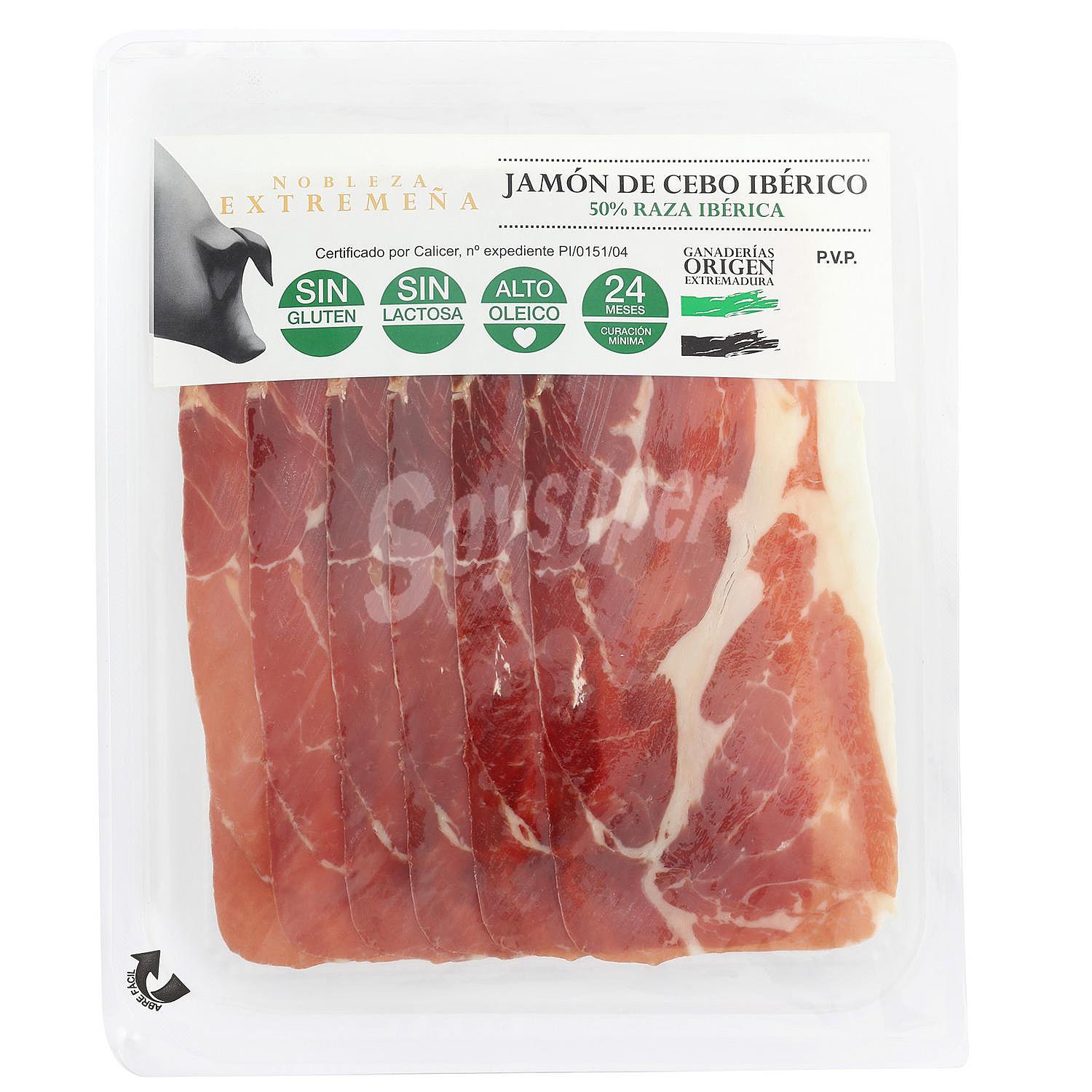 Jamón de Cebo Ibérico 50% Raza Ibérica en lonchas Nobleza Extremeña sin gluten y sin lactosa