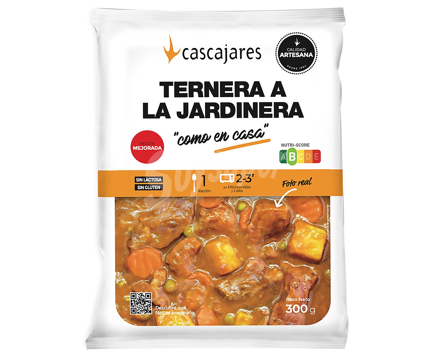 Guiso de ternera a la jardinera, elaborado sin gluten ni lactosa, listo para calentar y comer