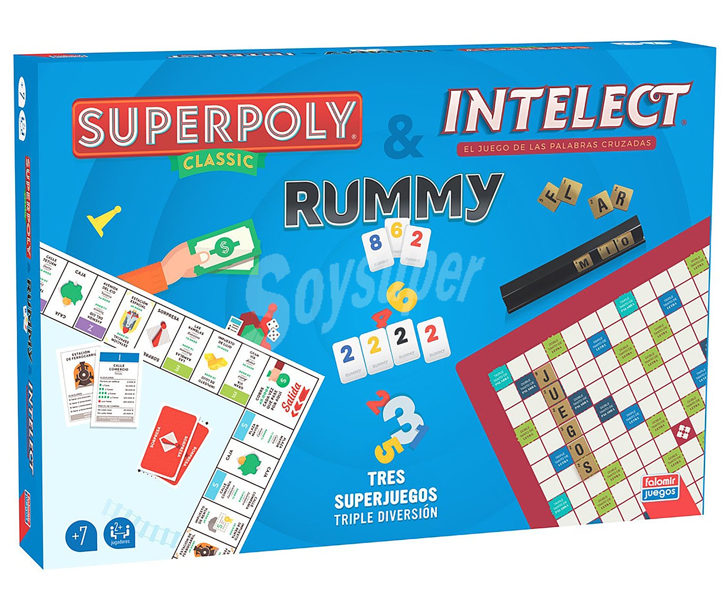 Pack de 3 juegos de mesa de estrategia Superpoly, Intelect y Rummy, desde 2 jugadores,