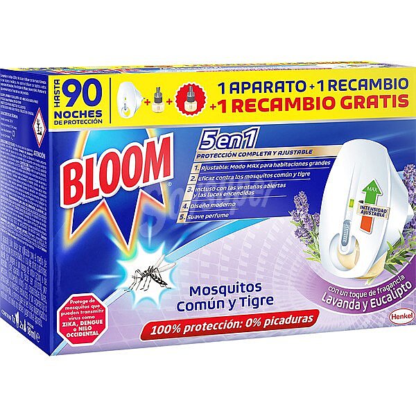 Insecticida volador eléctrico 5 en 1 antimosquitos común y tigre lavanda y eucalipto aparato + recambio