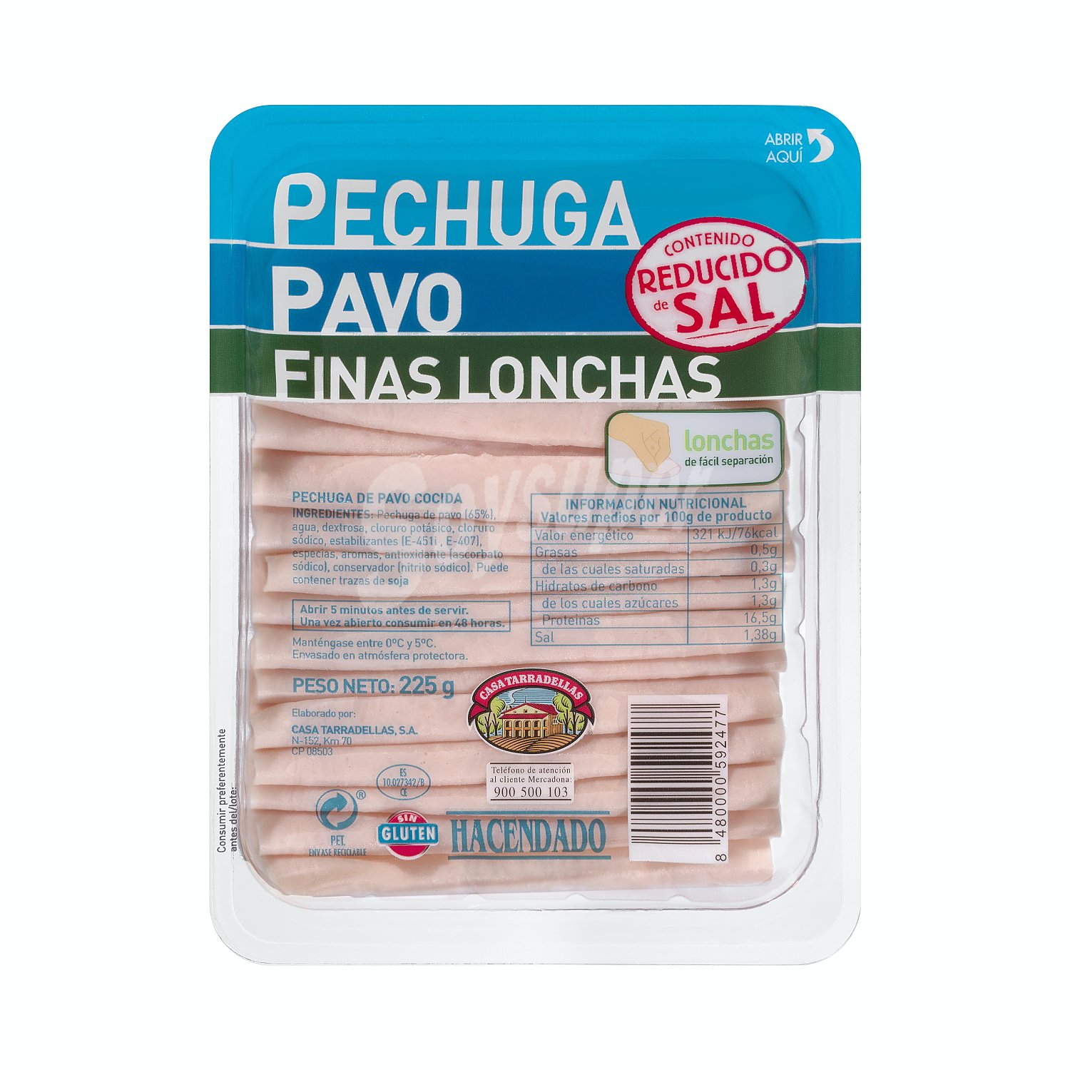 Fiambre pechuga pavo lonchas finas reducido en sal