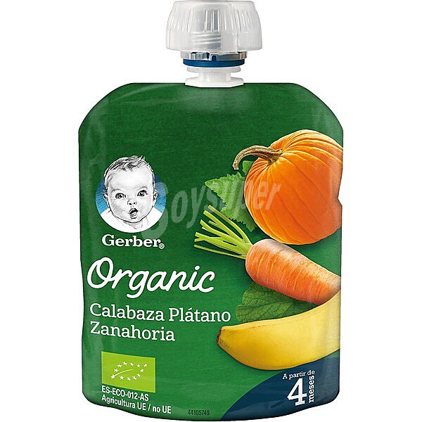 Pouch Organic calabaza plátano y zanahoria procedente de agricultura ecológica 90 g sin gluten a partir de 4 meses