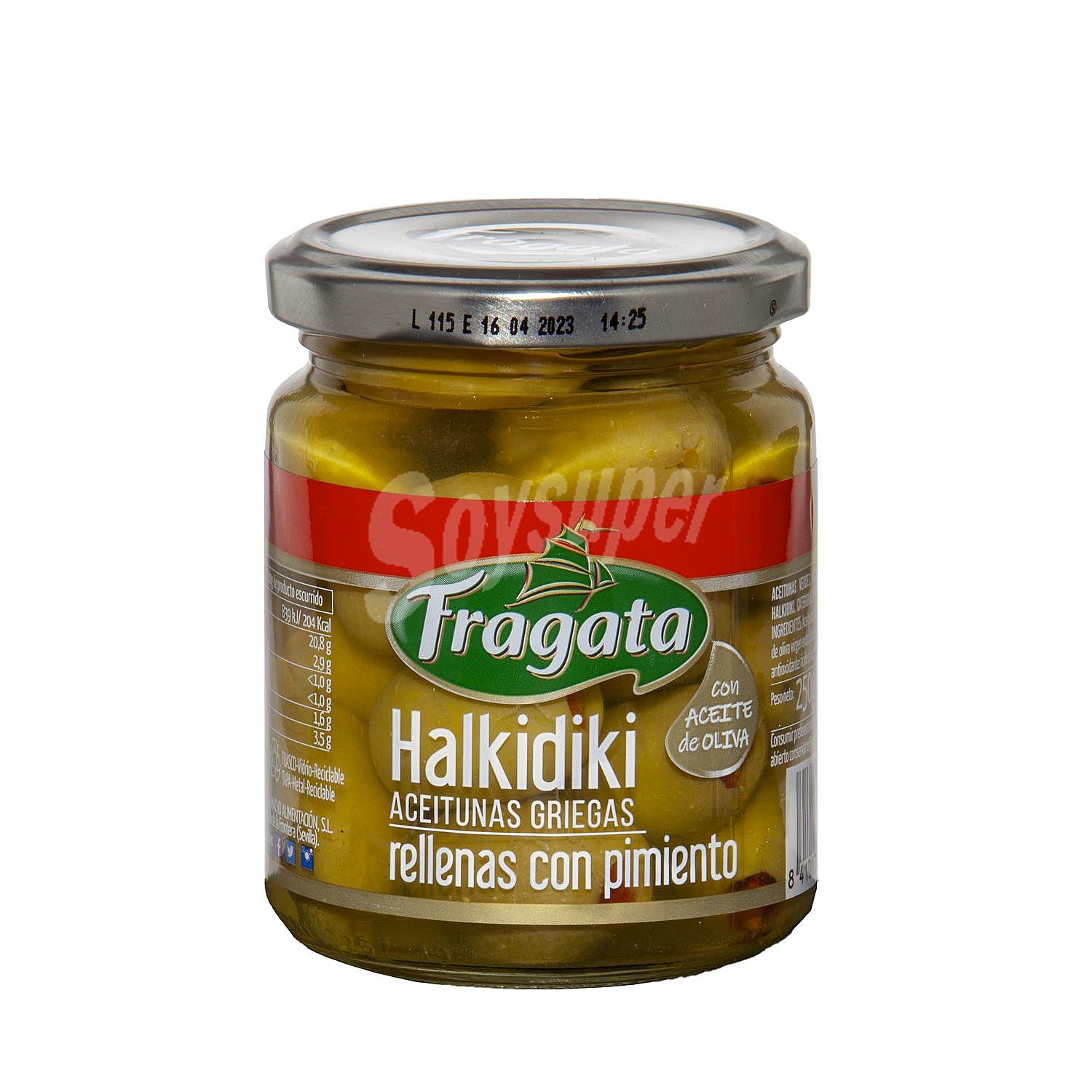 Aceitunas griegas rellenas con pimiento y aceite de oliva Halkidiki Fragata